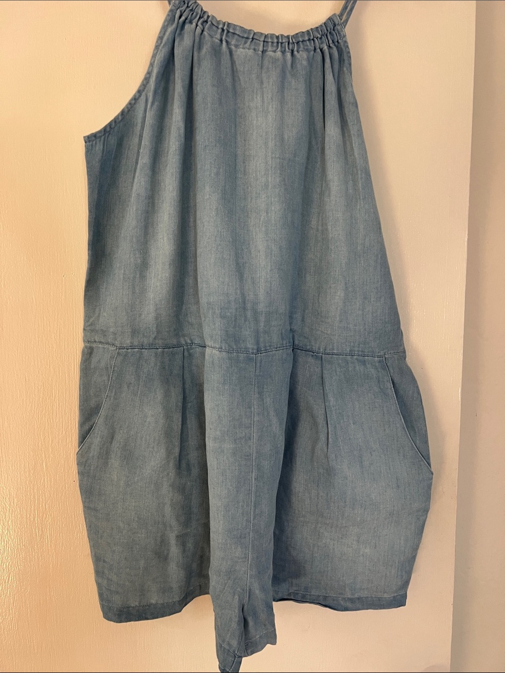 Very J Light Blue Denim Romper with Gathered Neckline